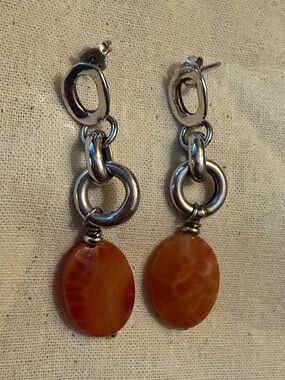 Silver Drop Earrings with Orange Agate Stone 2” long